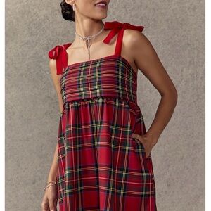 Red Plaid Sleeveless Dress with Bow Straps
